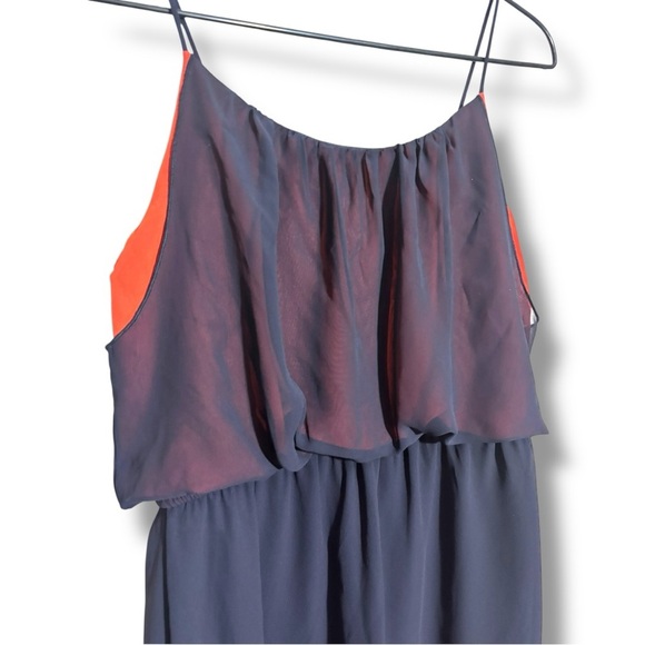 Sweet Storm Sheer Navy Blue Over Orange Gathered Waist Sleeveless Mini Sundress - Picture 14 of 14